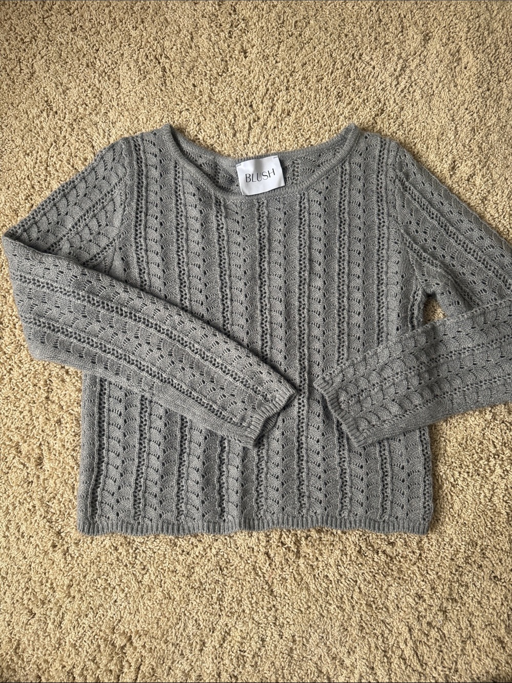 Blush Light Gray Open-Knit Crewneck Sweater